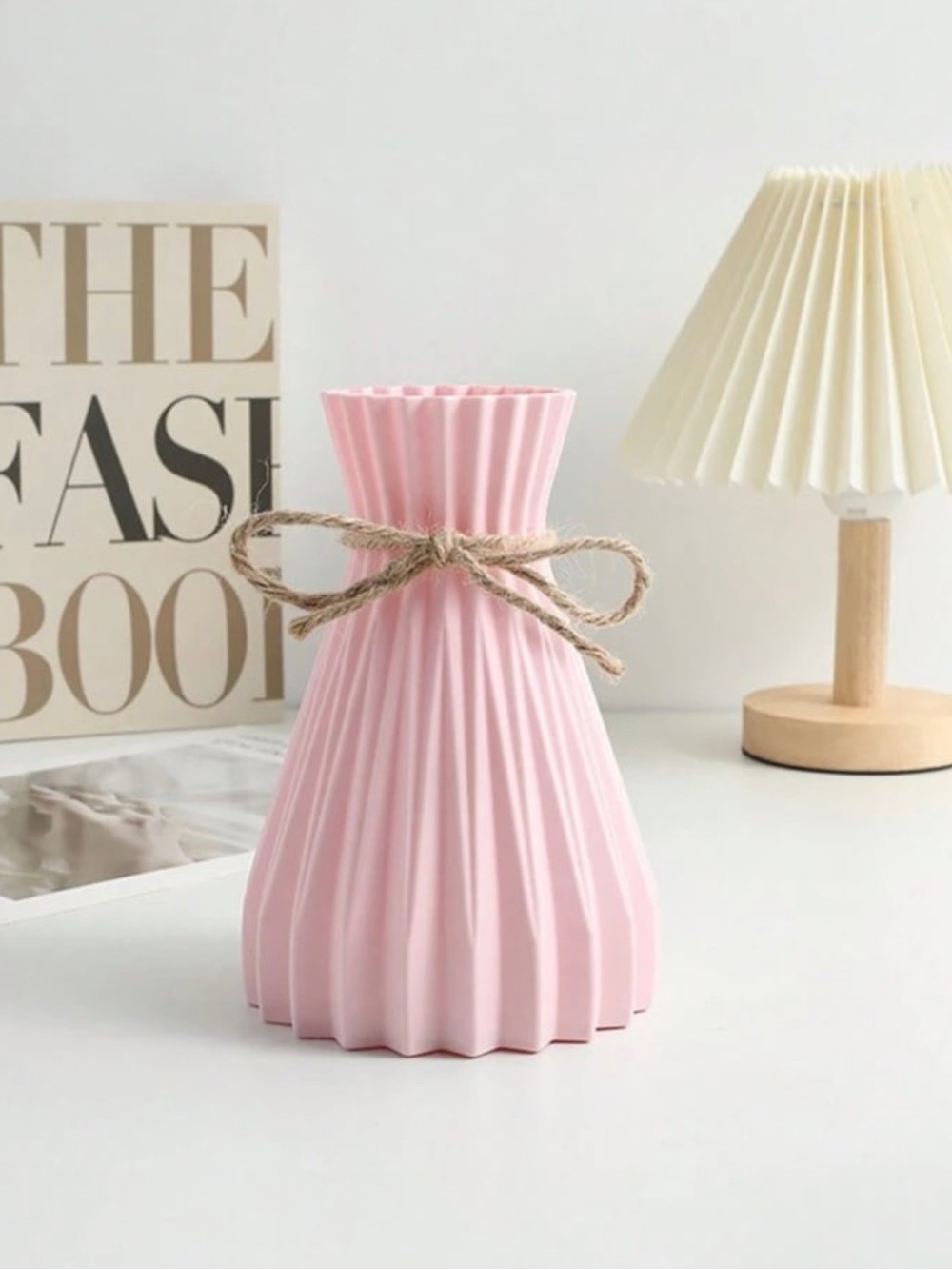 Pink Decorative Pleated Ceramic Vase with Twine Accent